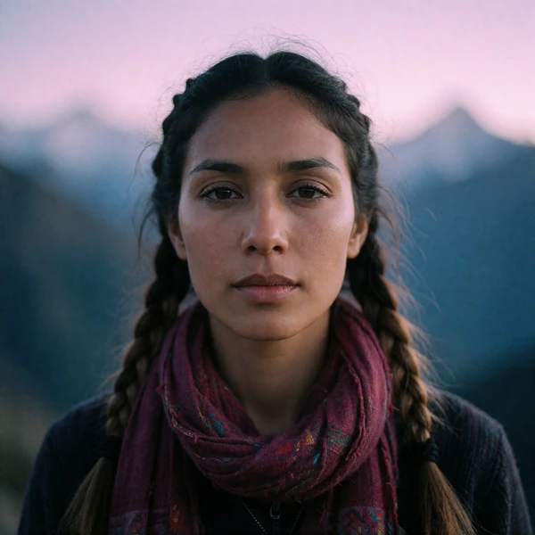 Portrait of a Nepali woman in her thirties with braided hair and a maroon scarf, a verified member of the Nepali Dating community