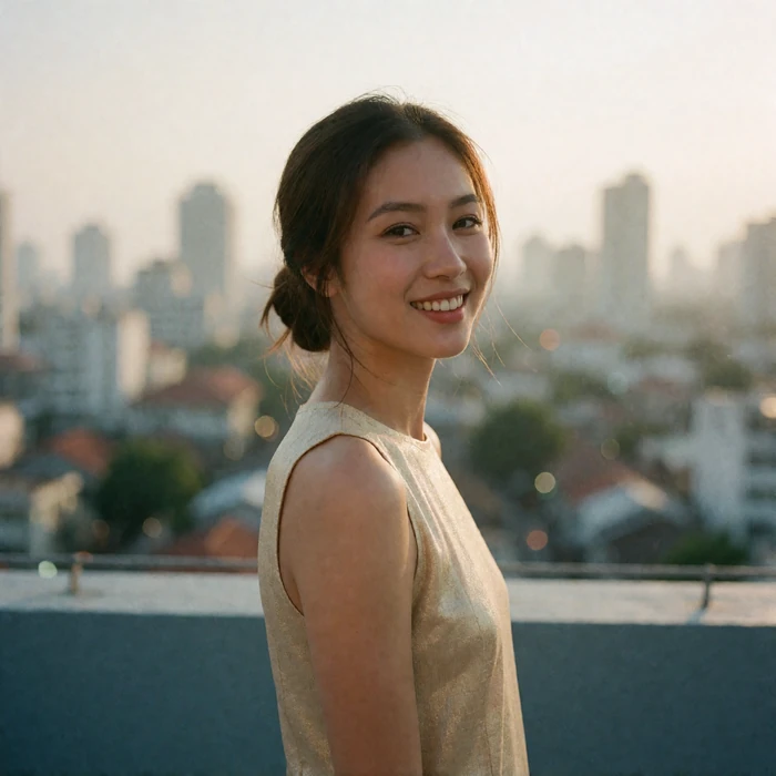 Thai woman with hair in a loose low bun wearing a pale gold top on a rooftop lounge