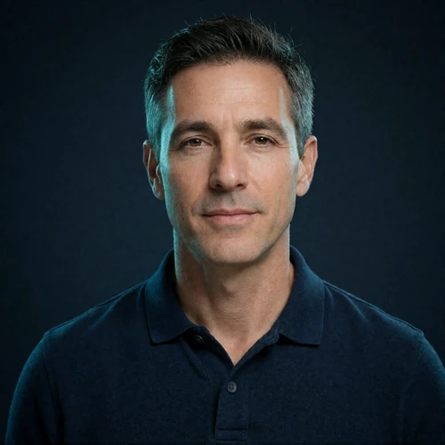 Portrait of a Western man in his late forties in a navy polo shirt, a verified member of the Indonesian Dating community