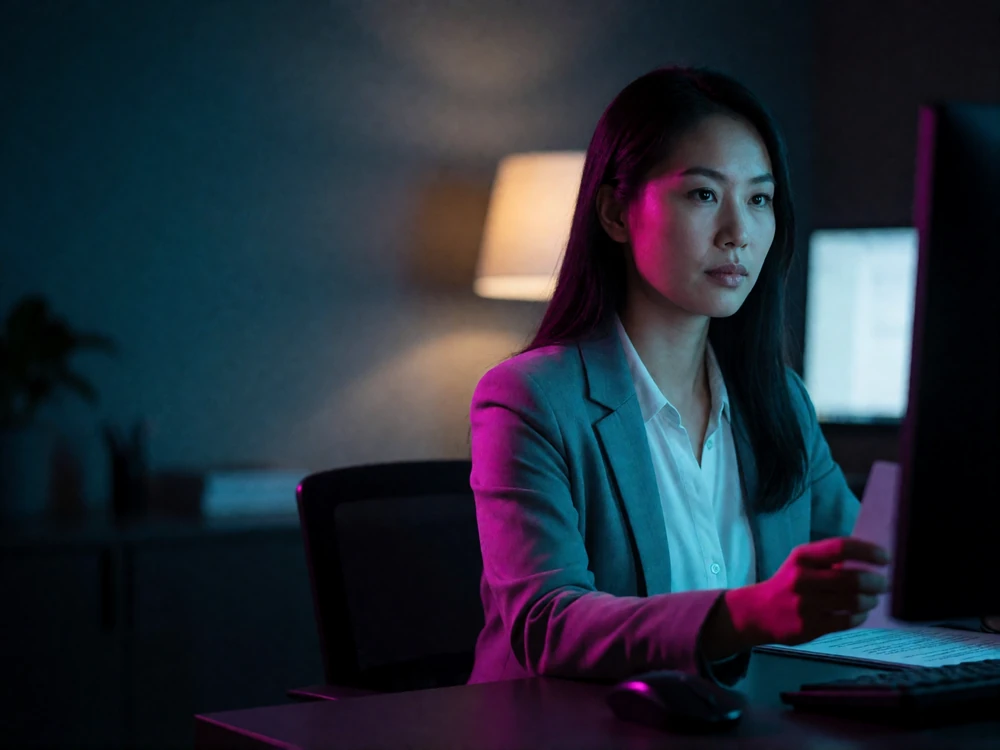 Verification specialist reviewing member identity checks at a quiet desk station