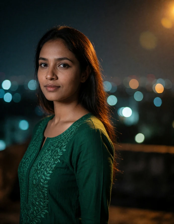 Bangladeshi woman in her early thirties in a dark green kurti on a night rooftop, a verified member of the Bangladeshi Dating community