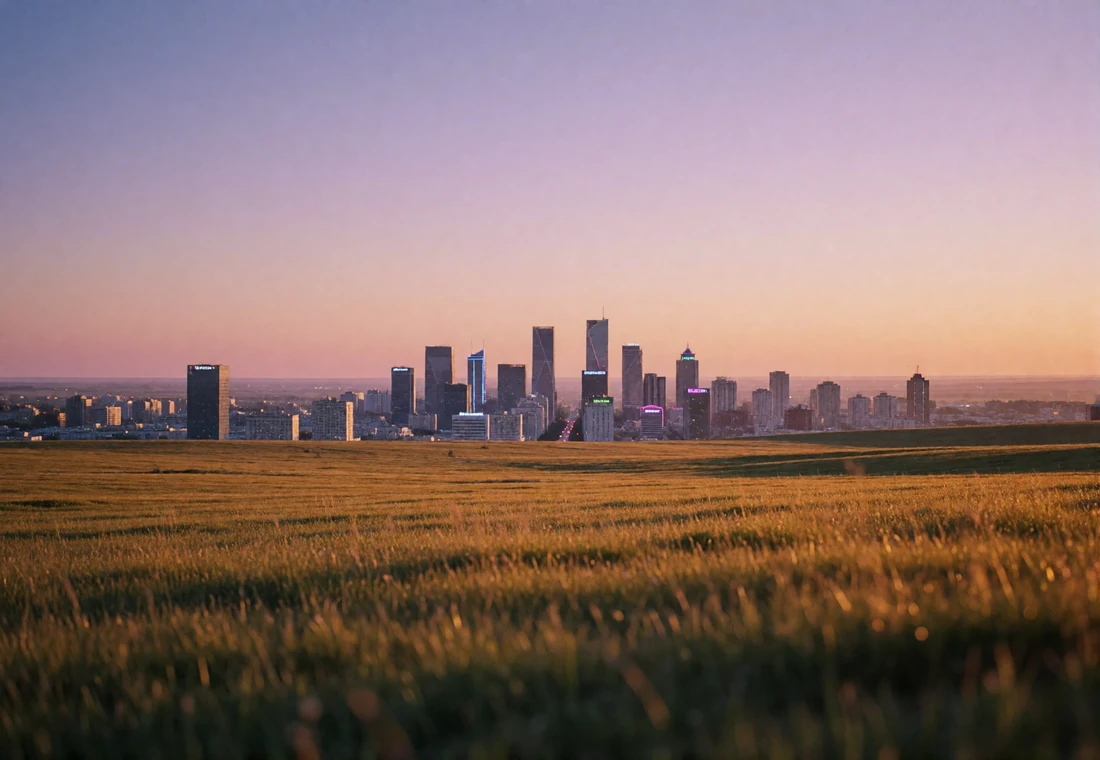 Wide dusk view of open Kazakh steppe grassland with a modern city skyline of glass towers rising along the horizon