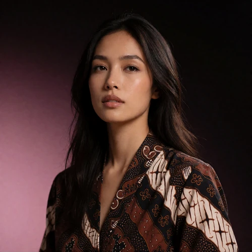 Indonesian woman in her late twenties wearing a warm brown batik-patterned wrap top in a dim hotel gallery