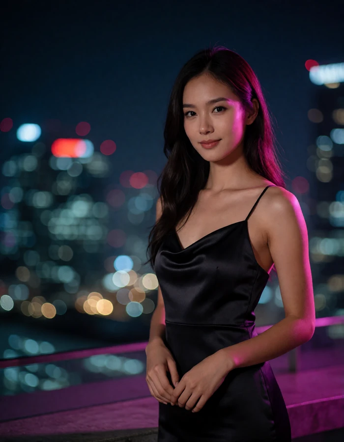 Singaporean woman in her late twenties in a satin evening dress standing at a rooftop bar at night