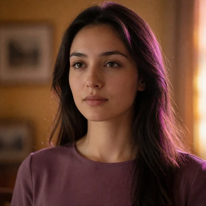 Armenian woman in her late twenties with long dark hair wearing a cream knit sweater