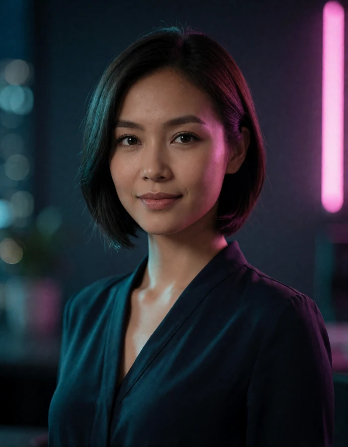 Singaporean woman in her early thirties with a neat bob haircut in a crisp dark blouse, composed office portrait