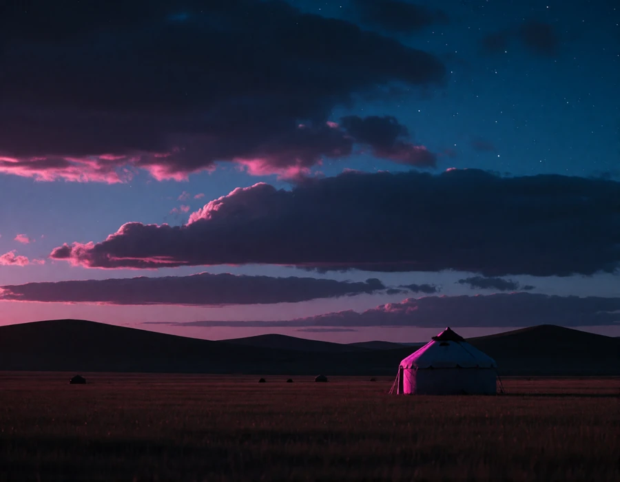 Vast open Mongolian grassland at blue hour with a distant traditional round dwelling and dramatic clouds