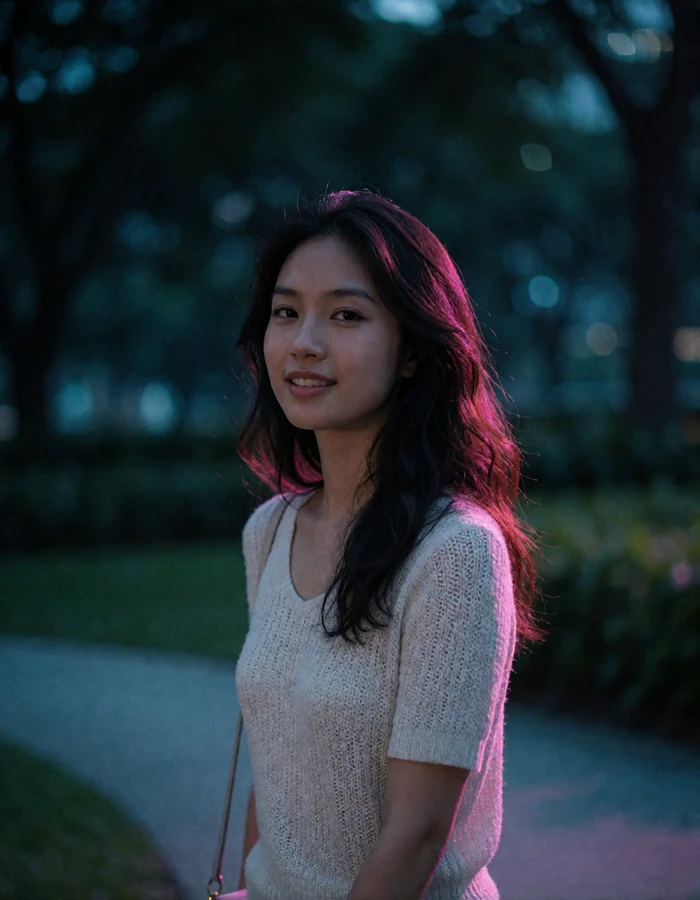 Singaporean woman in her mid twenties with long wavy hair walking through a landscaped urban park in the evening