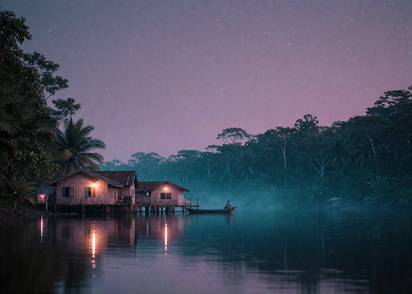 Dusk view over a calm tropical river estuary on the Borneo coast with stilt houses and dense rainforest, a scene near Brunei's northern coastline