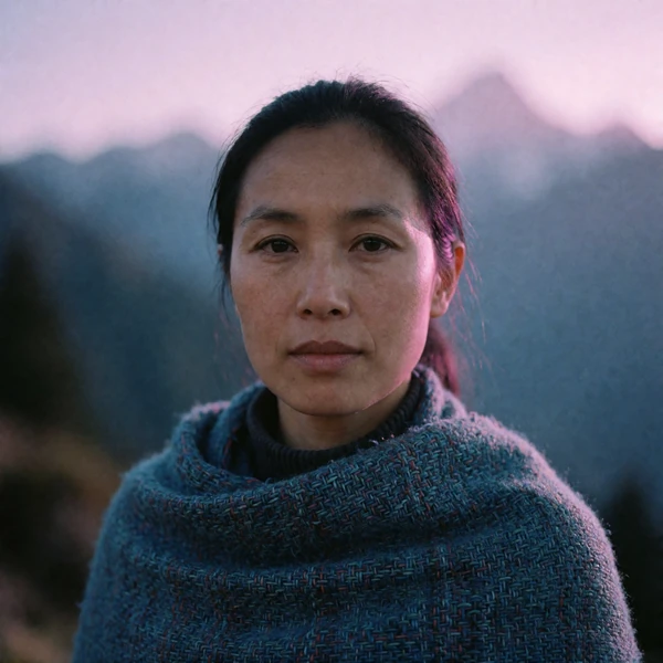 Portrait of a Bhutanese woman in her thirties in a woven blue shawl, a verified member of the Bhutanese Dating community