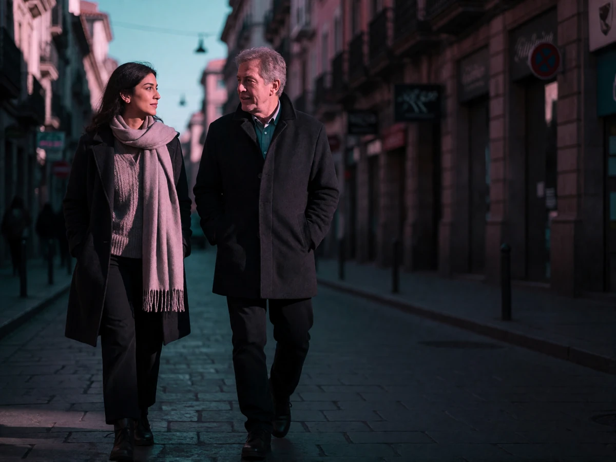Afghan woman and an older Western man walking side by side along a quiet city street at dusk