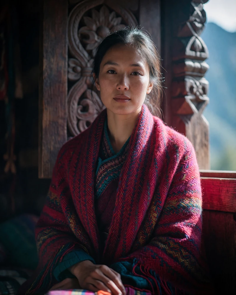 Bhutanese woman in her early thirties in a woven crimson shawl seated near a carved wooden window