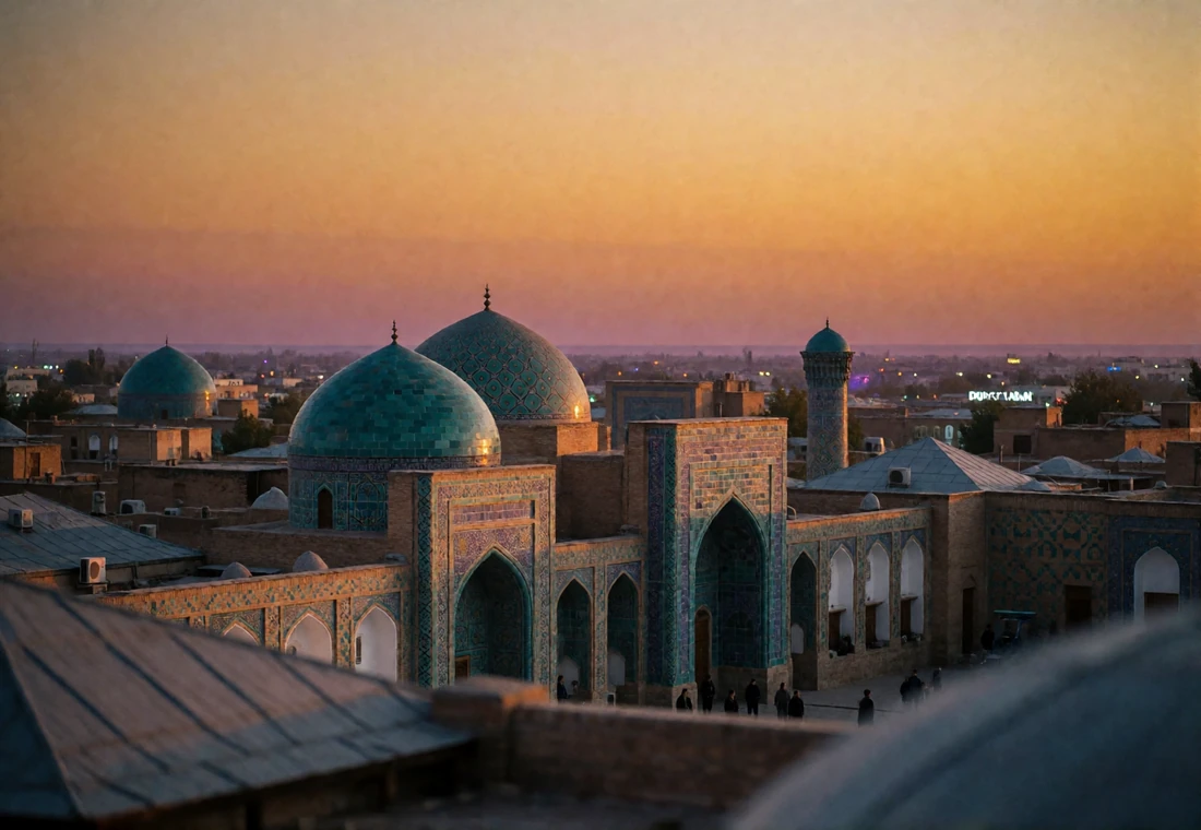 Sunset view of a historic Central Asian city square with tiled domes and arched portals along the old Silk Road