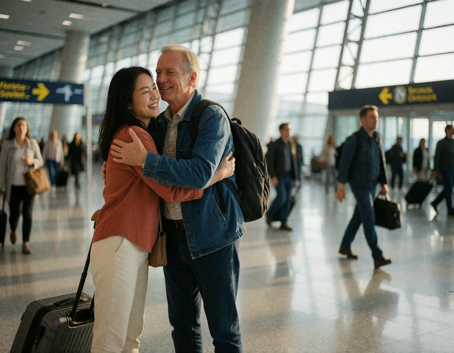 Asian woman greeting an older Western man with a warm hug in a bright modern airport arrivals hall