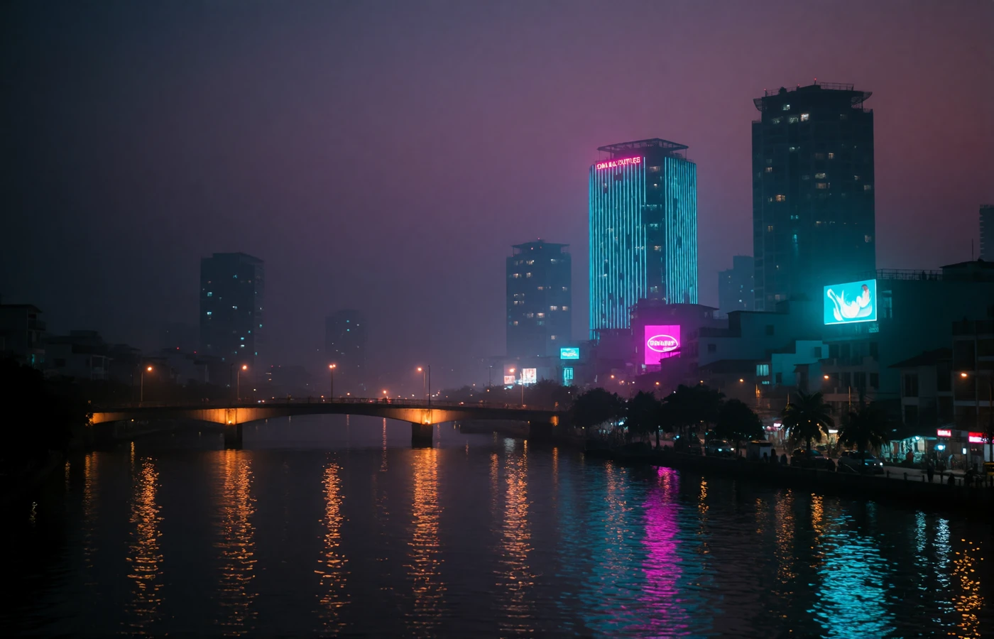 Dusk view over a Vietnamese river city with an illuminated bridge and a glowing modern skyline