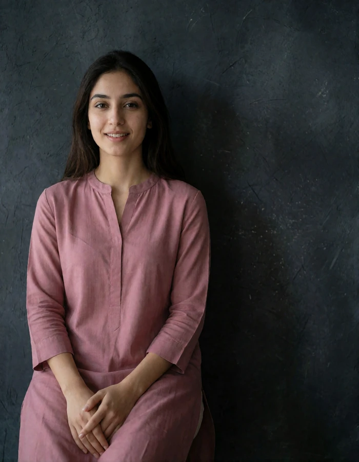 Pakistani woman in her mid-twenties in a dusty-rose tunic against a dark textured plaster wall with a relaxed smile