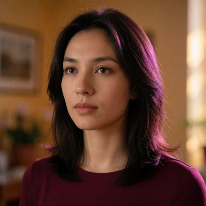 Portrait of a Kazakh woman in her late twenties in a burgundy top, a verified member of the Kazakh Dating community