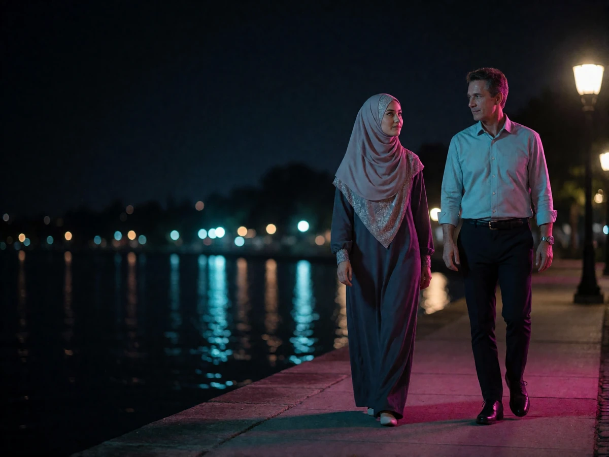 Bruneian woman in a modest headscarf and a Western man walking together along a quiet waterfront promenade at night