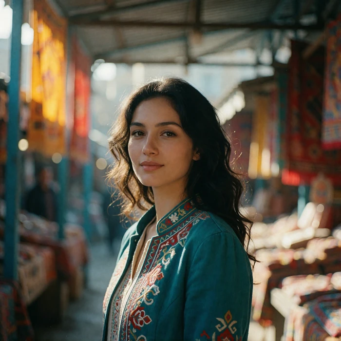 Uzbek woman in her late twenties in an embroidered teal jacket in a sunlit covered market walkway
