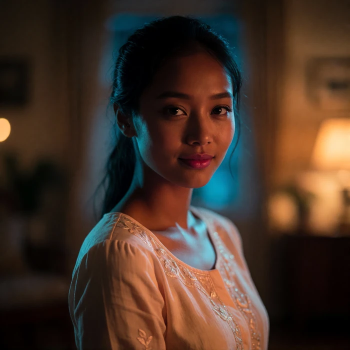 Burmese woman in her mid twenties in a pale peach embroidered blouse, smiling softly in a warm interior