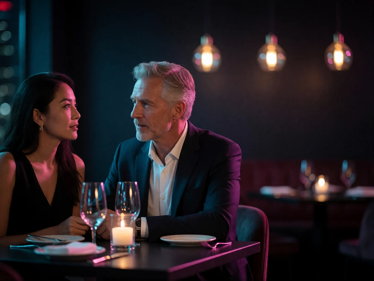 Singaporean woman and a Western man in their fifties seated across a table at an upscale dark restaurant