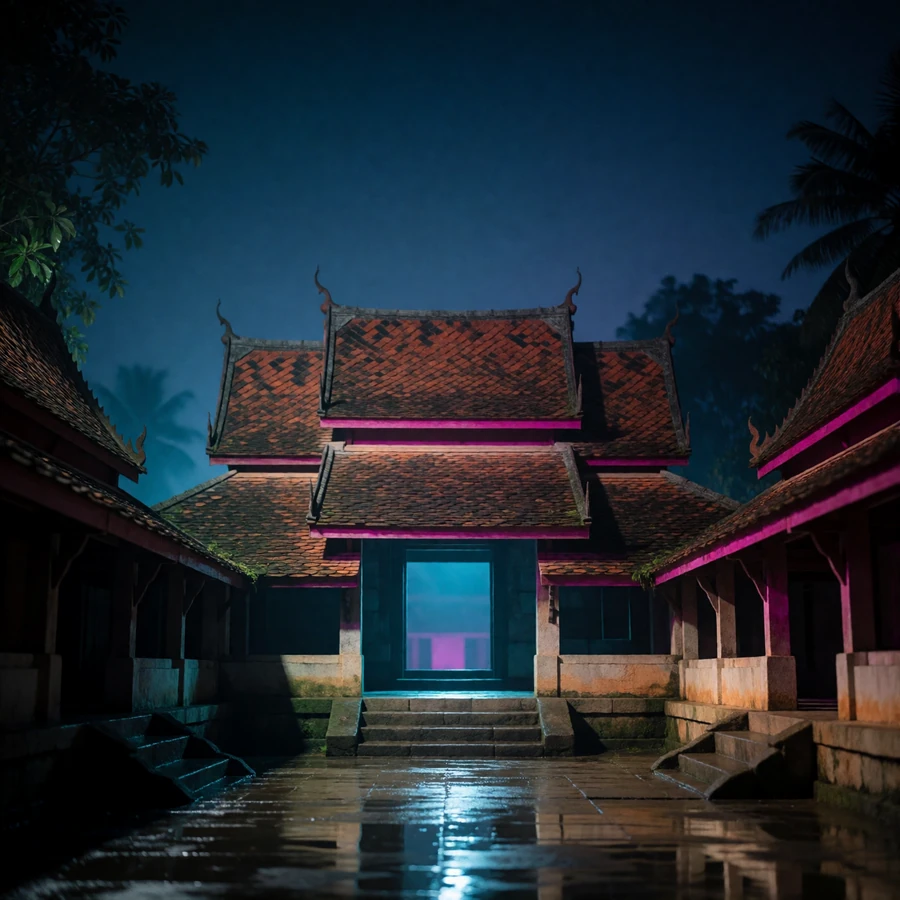 Traditional Southeast Asian temple courtyard with tiered tiled roofs under a hazy indigo night sky