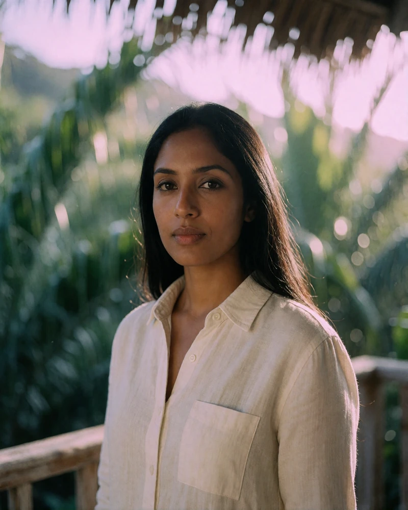 Sri Lankan woman in her early thirties in a cream linen shirt standing on a shaded terrace with tropical foliage