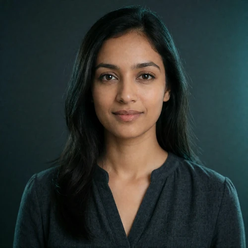 Portrait of an Indian woman in a charcoal blouse, a verified member of the Indian Dating community