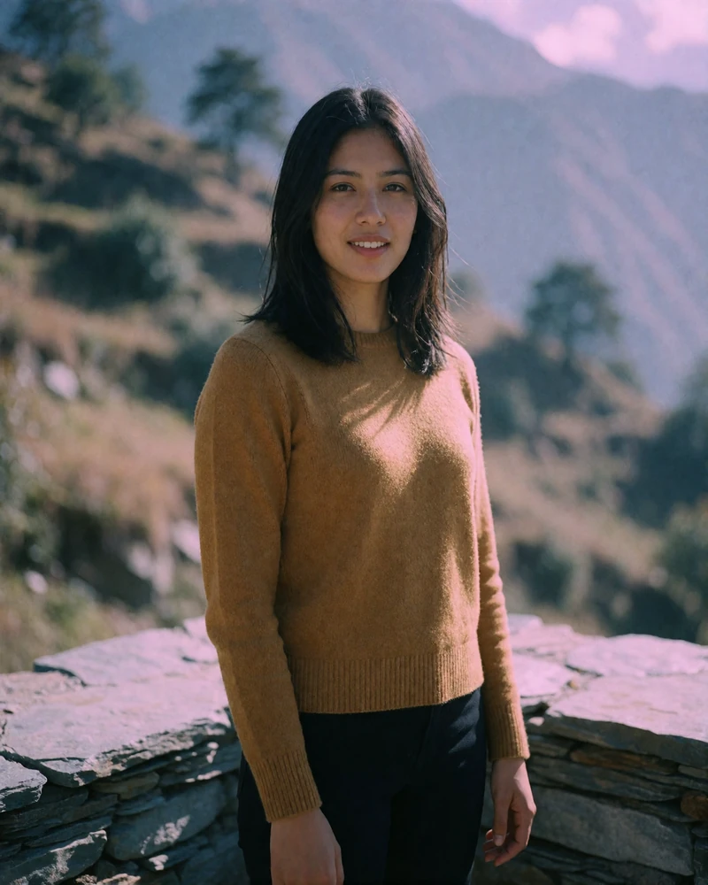 Nepali woman in her mid twenties in a mustard sweater standing on a stone terrace with a blurred hillside behind her