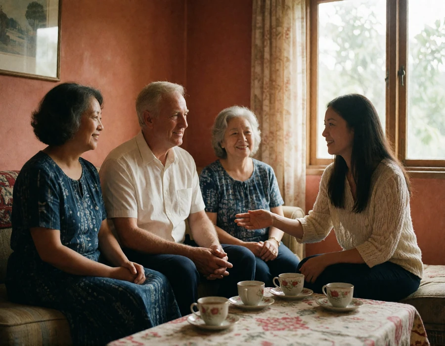 Asian woman introducing an older Western man to her smiling parents over tea in a modest living room