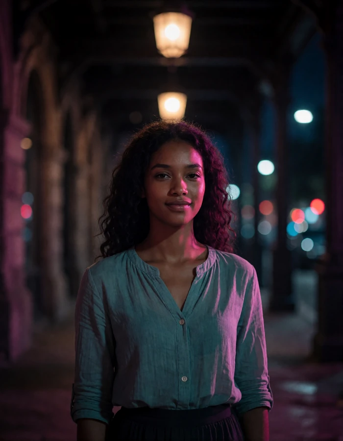 Timorese woman in her mid twenties in a modest blouse standing in a dim covered walkway in the evening