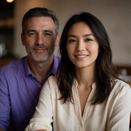 Uzbek woman and a middle-aged Western man smiling together over dinner, both members of the Uzbek Dating community