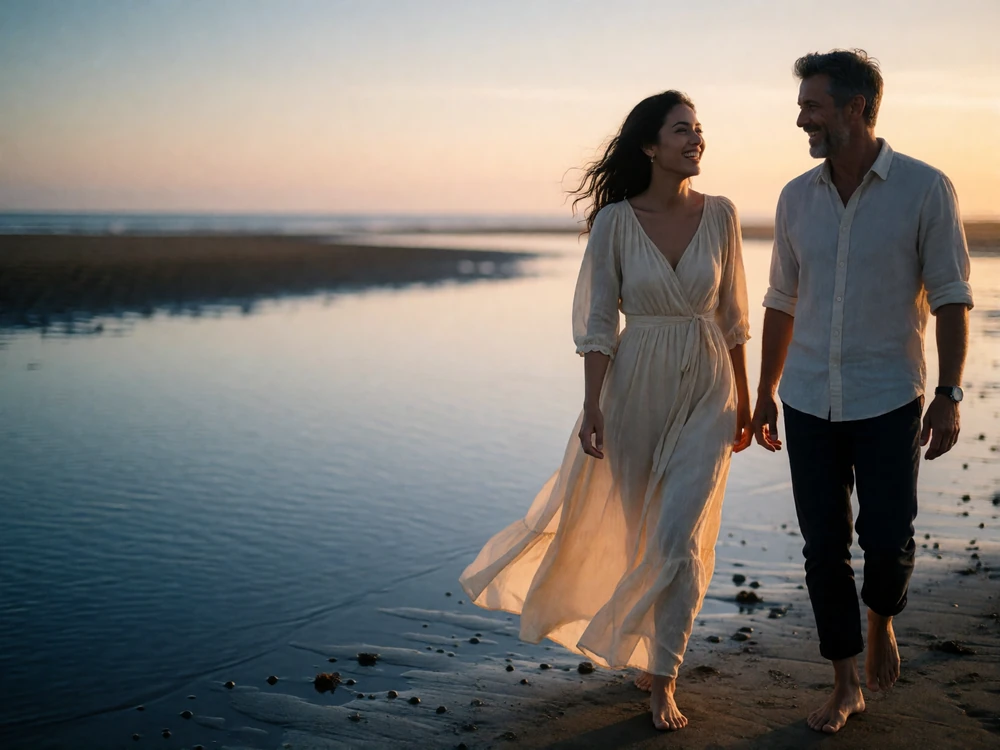 Indonesian woman in a cream dress and a Western man walking barefoot along a quiet shoreline at sunset, laughing together