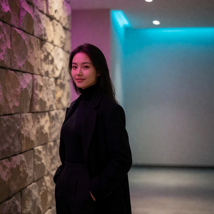 Mongolian woman in her late twenties standing in a contemporary hotel lobby