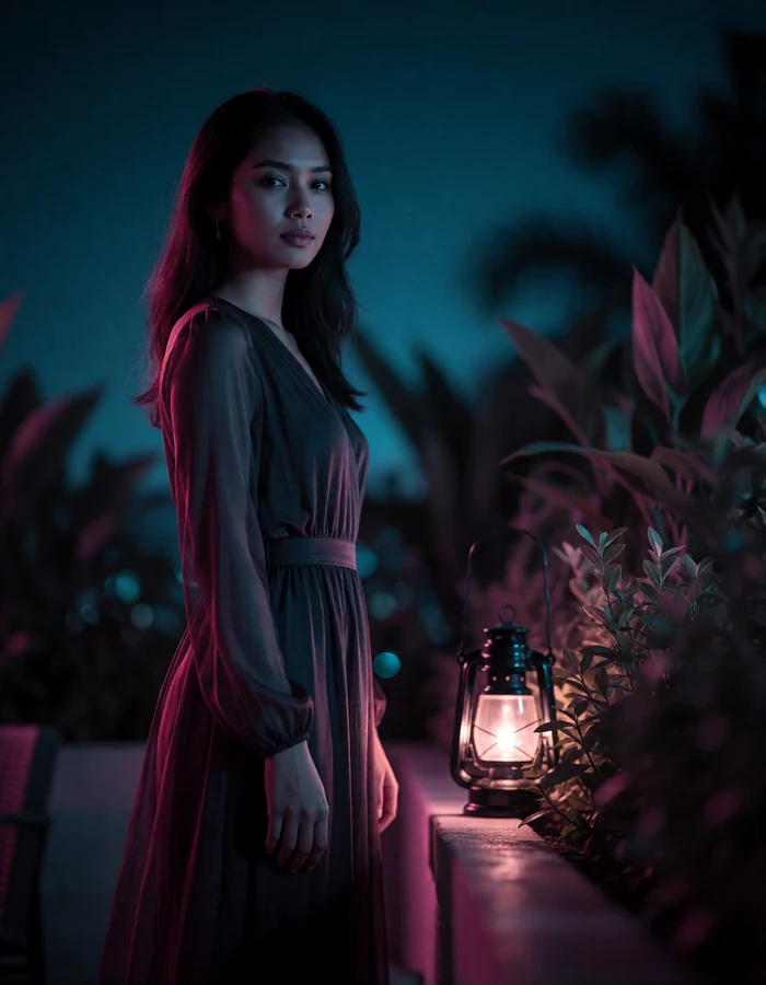 Bruneian woman in her early thirties in a flowing long-sleeved dress on a dim hotel terrace at night