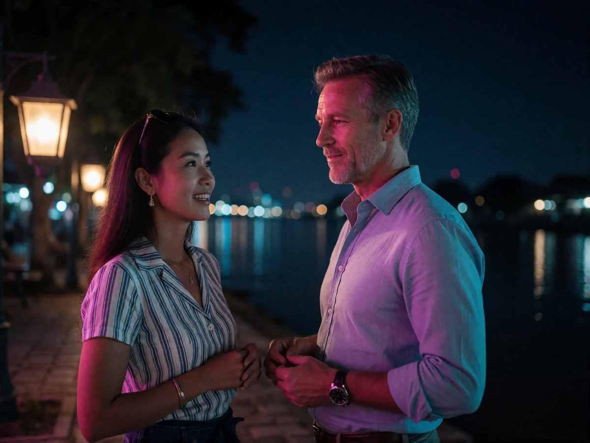 Laotian woman and a Western man in their forties standing close together on a riverside promenade at night, mid-conversation