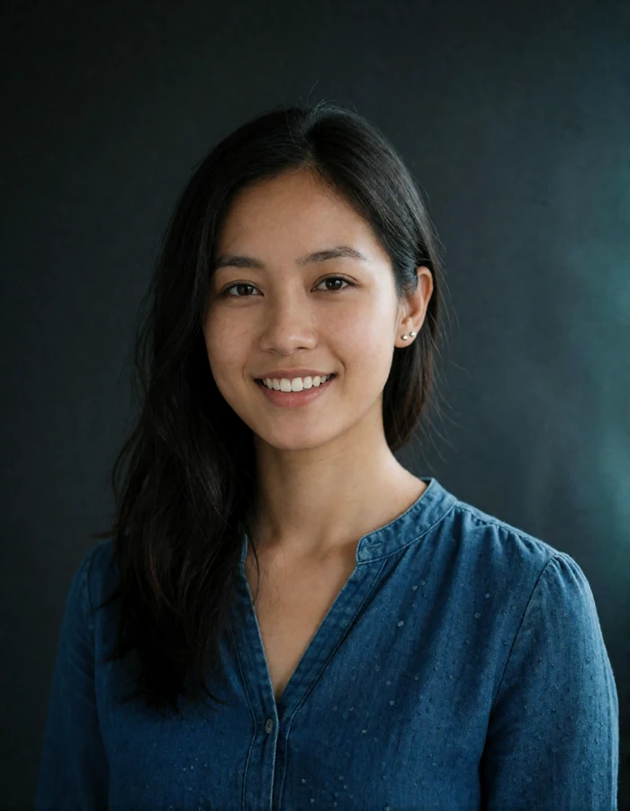 Indonesian woman in her mid-twenties in an indigo blouse with a warm open smile against a dark charcoal wall