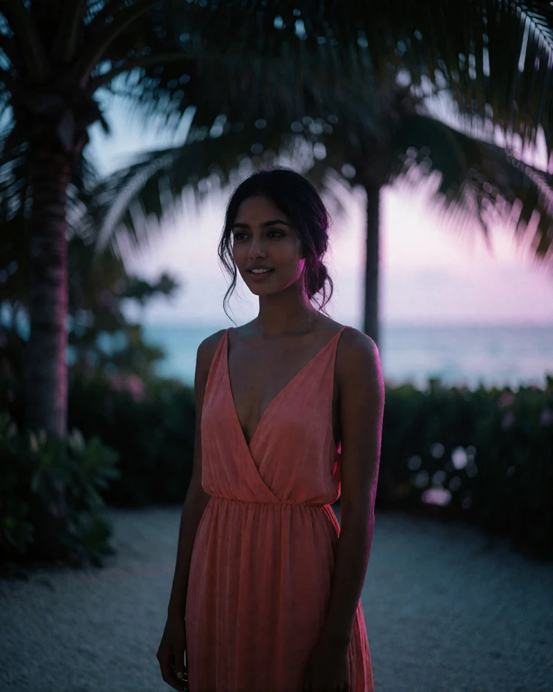 South Asian island woman in her late twenties in a deep coral dress standing in a dark palm-shaded courtyard