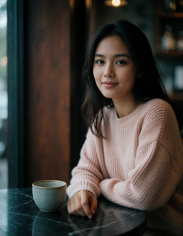 Thai woman in her late twenties in a blush knit sweater seated at a dark marble café table