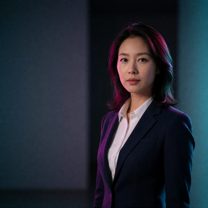 North Korean diaspora woman in her early thirties in a navy blazer standing in a dark gallery corridor