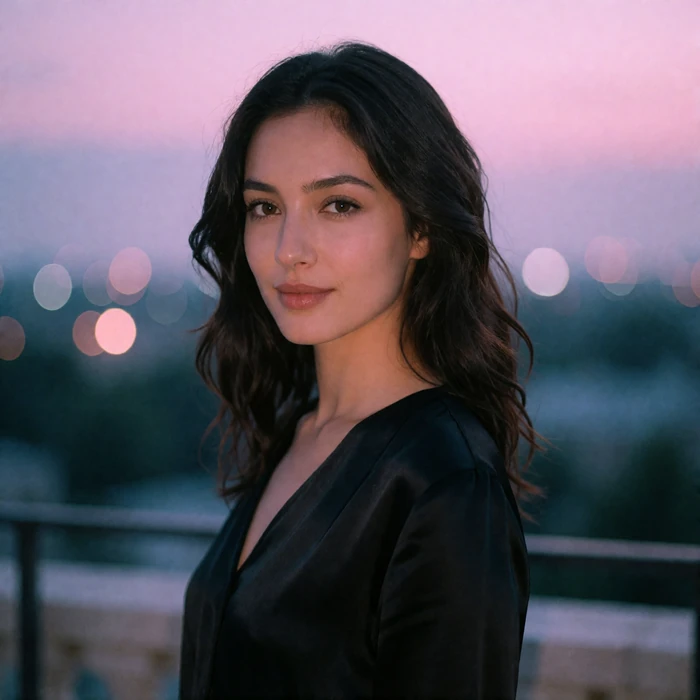 Armenian woman in her mid-thirties with hair pinned back wearing a charcoal turtleneck and gold hoops