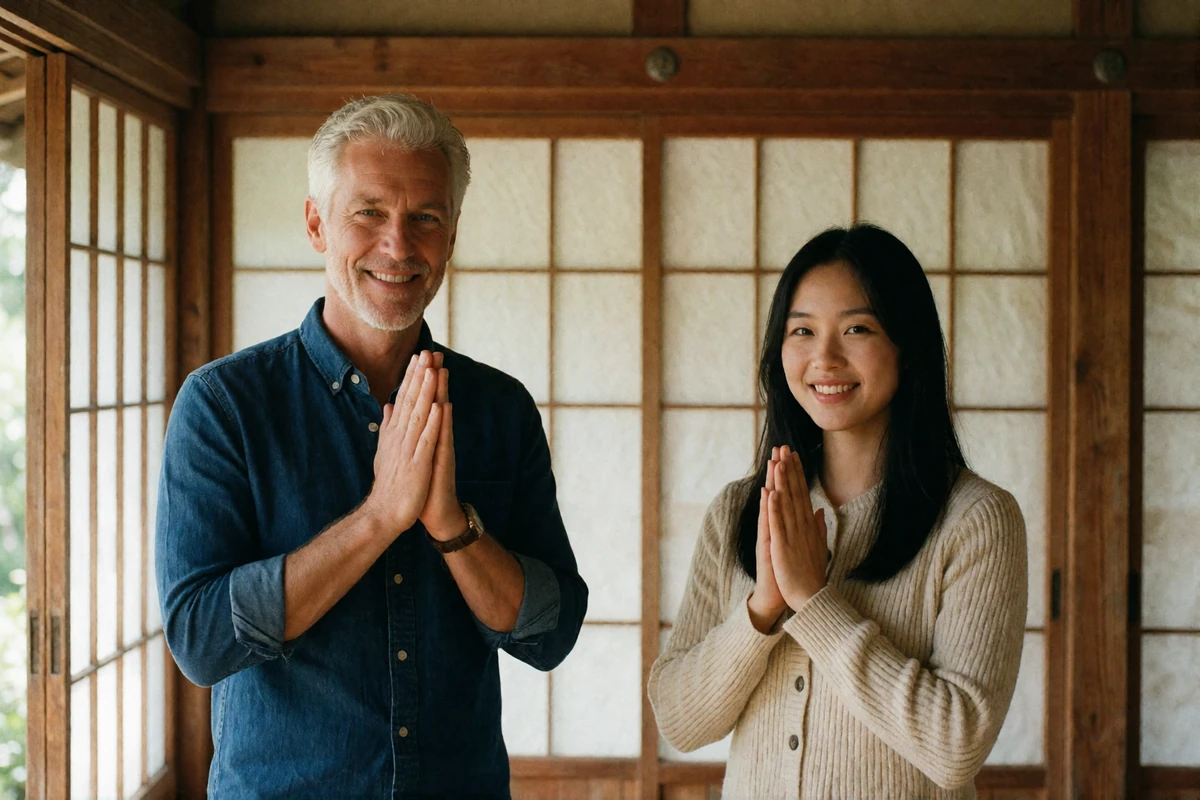 Silver-haired Western man and a younger Asian woman greeting each other with pressed palms in a wooden tea house