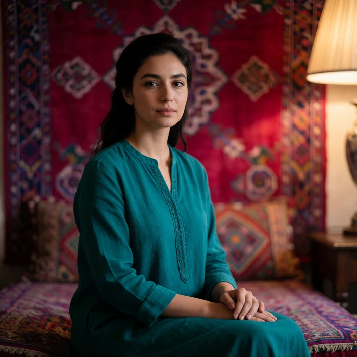 Turkmen woman in her early thirties in a deep teal tunic seated calmly beside a richly patterned crimson textile
