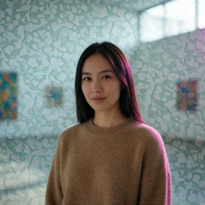 Kazakh woman in her late twenties in a camel wool sweater standing in a spacious modern gallery interior