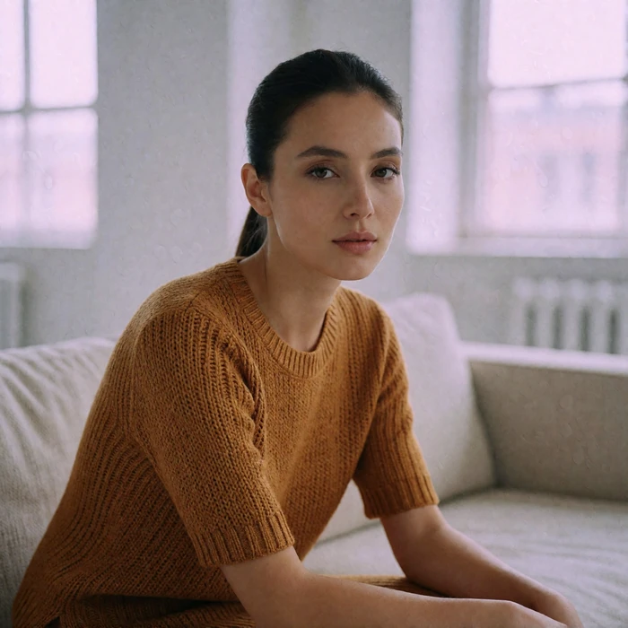Kyrgyz woman in her early thirties in a warm ochre knit top seated on a sofa in a bright loft