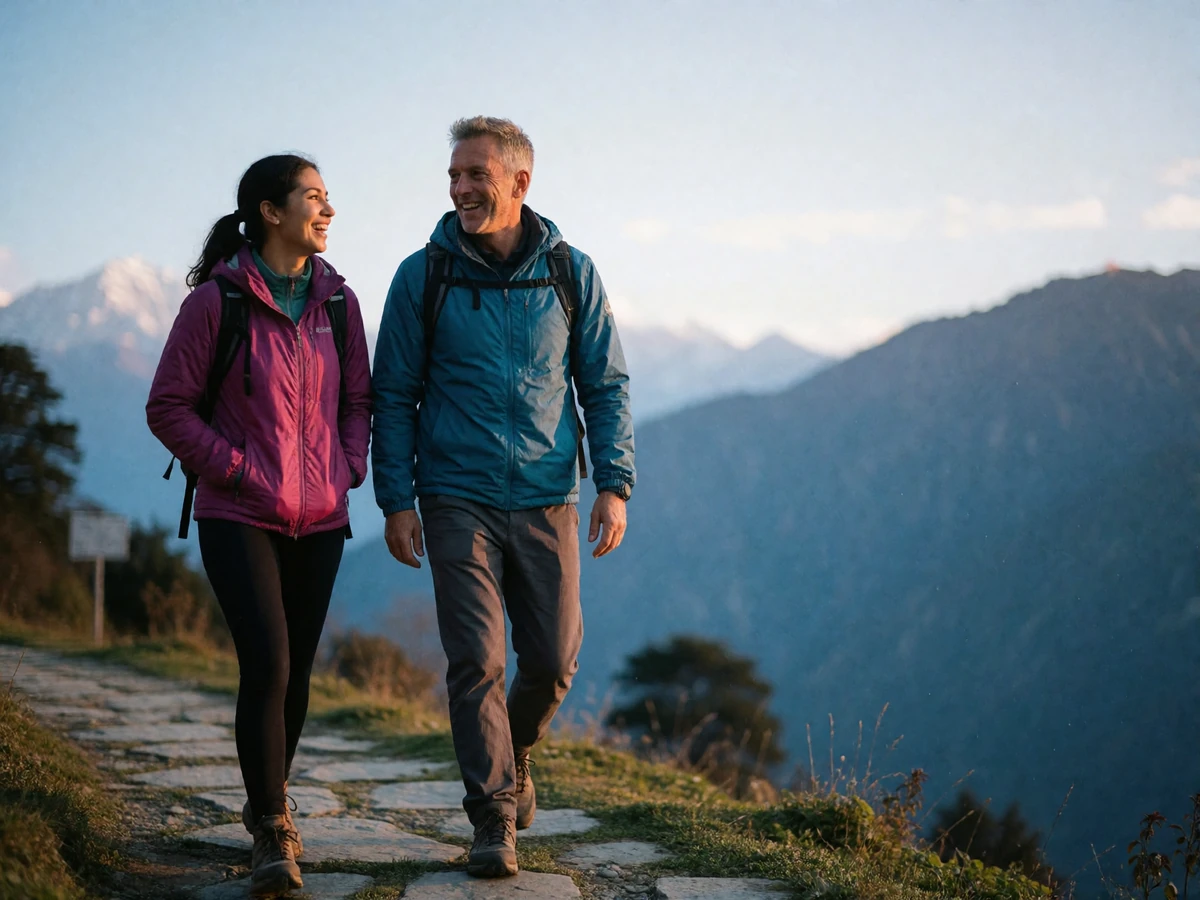 Nepali woman and an older Western man walking a stone hillside path at golden hour, sharing a laugh