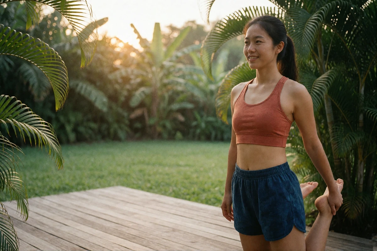 Asian woman stretching on a wooden terrace overlooking a green tropical garden at sunrise