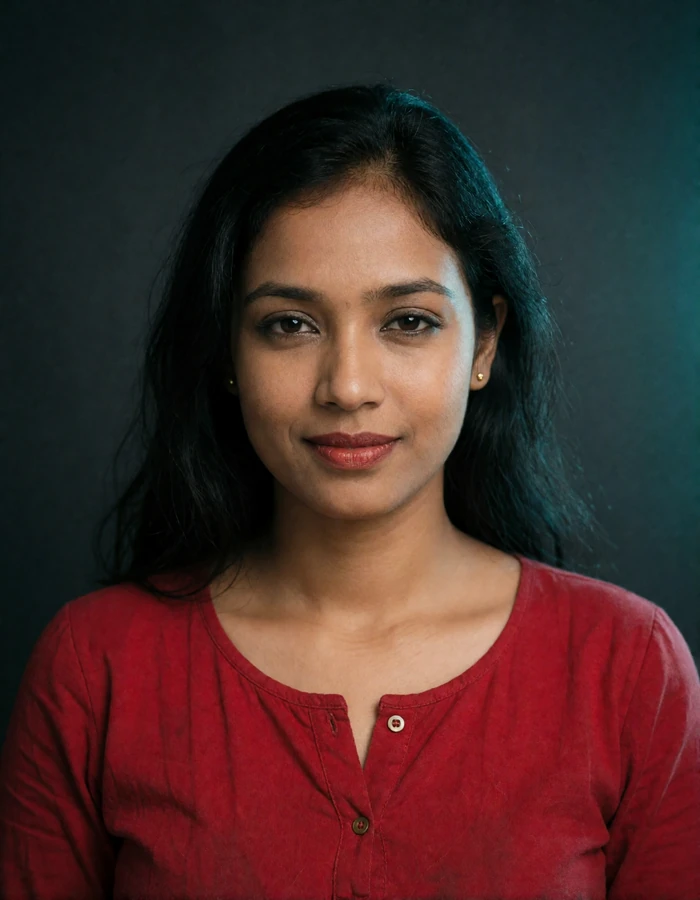 Bangladeshi woman in her mid-twenties in a crimson cotton top, a verified member of the Bangladeshi Dating community