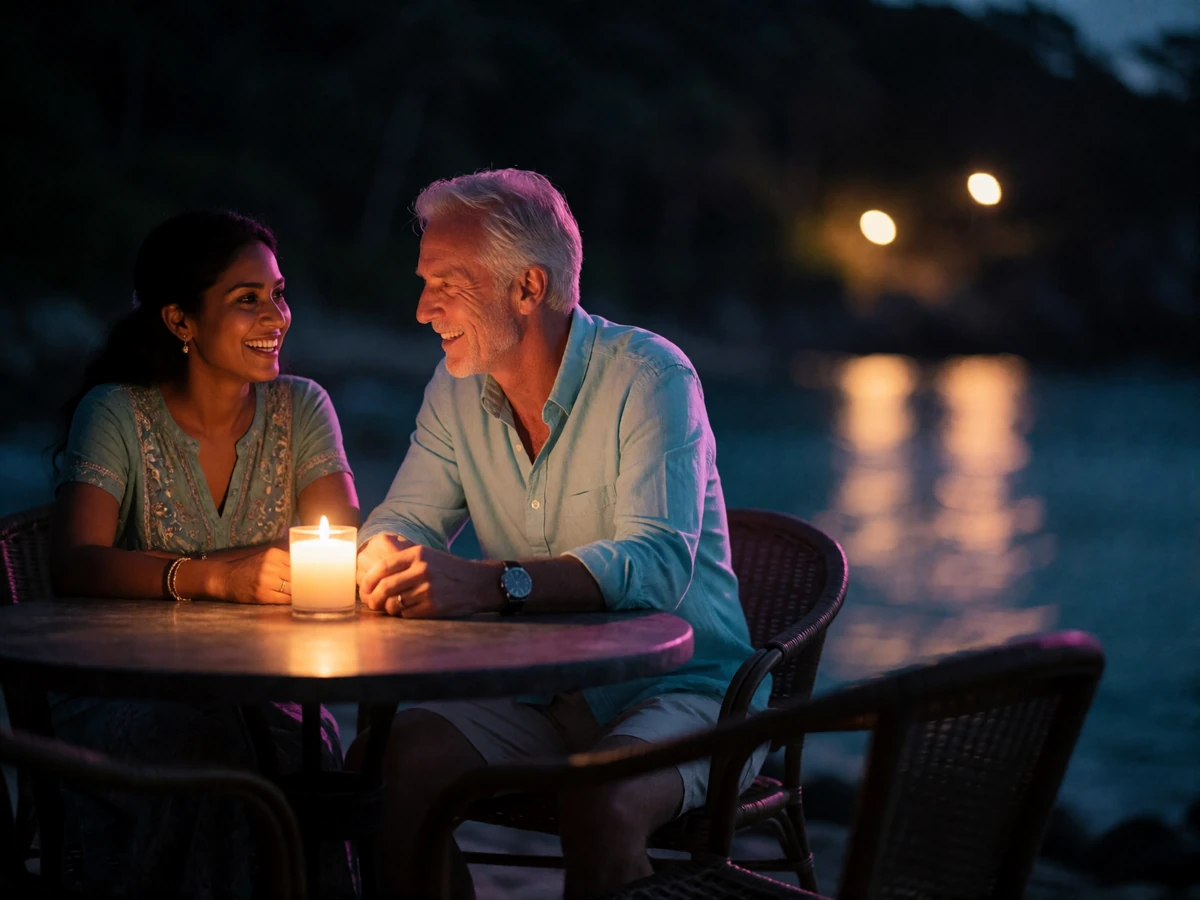 South Asian island woman and an older Western man seated at a small table on a dark seaside terrace at night, sharing a quiet laugh