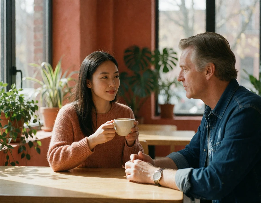 Asian woman holding a warm cup and listening to an older Western man in a bright café with tall windows